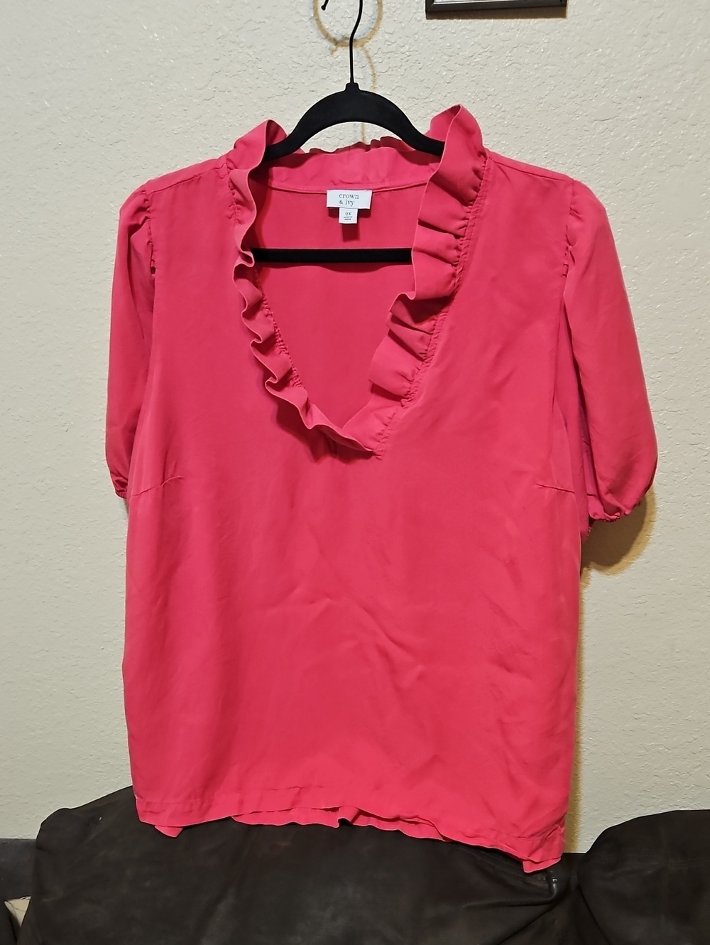 crown & ivy Hot Pink Ruffle V-Neck Blouse